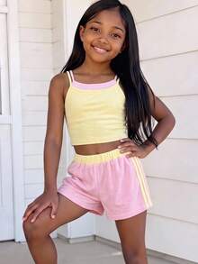 Tween Girls 2pcs/Set Casual All-Match Sports Versatile Colorblock Patchwork 2 In 1 Camisole Top And Shorts Knit Vest Mini Set, Summer, Comfortable - Multicolor - View 3