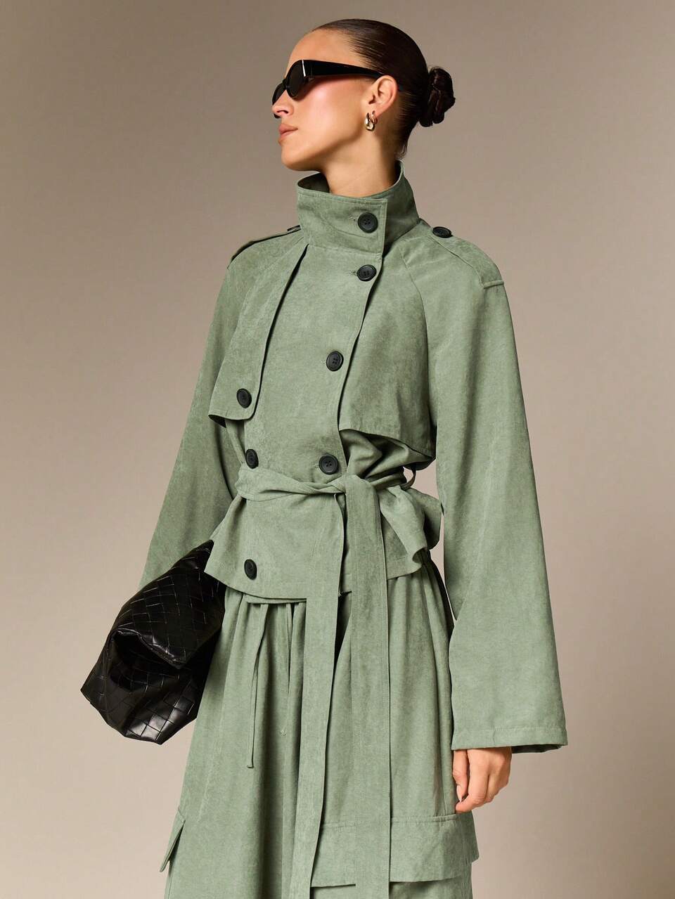 AiiRZ Funnel Neck Belted Trench Coat With Epaulettes