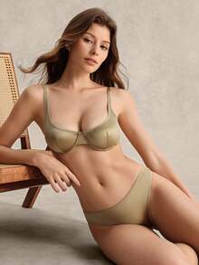 EverLounge 2pcs/Set Women Solid Color Wire Lingerie Bra & Panties Set - Yellow - View 6
