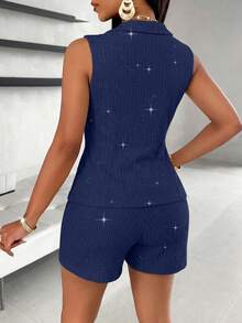 SOLERSUN Women's Knit Blazer Collar Two Pieces Set, Sleeveless Button Front Vest Top Shorts, Casual Business Brunch Outfit, Summer Co-Ord Navy Blue - Navy Blue - View 2