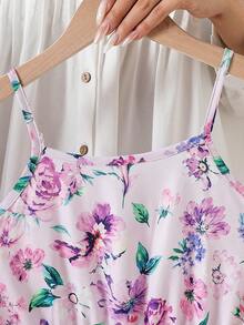 SHEIN Elladie kids 溫柔芋紫色女童兩件套，短款長袖開襟衫搭配花卉細肩帶洋裝，蝴蝶結前開襟與荷葉邊袖口設計，全紫色碎花，柔軟面料，法式鄉村風，適合嬰兒與幼兒日常穿著、野餐、拍照 - 紫色 - 查看 9
