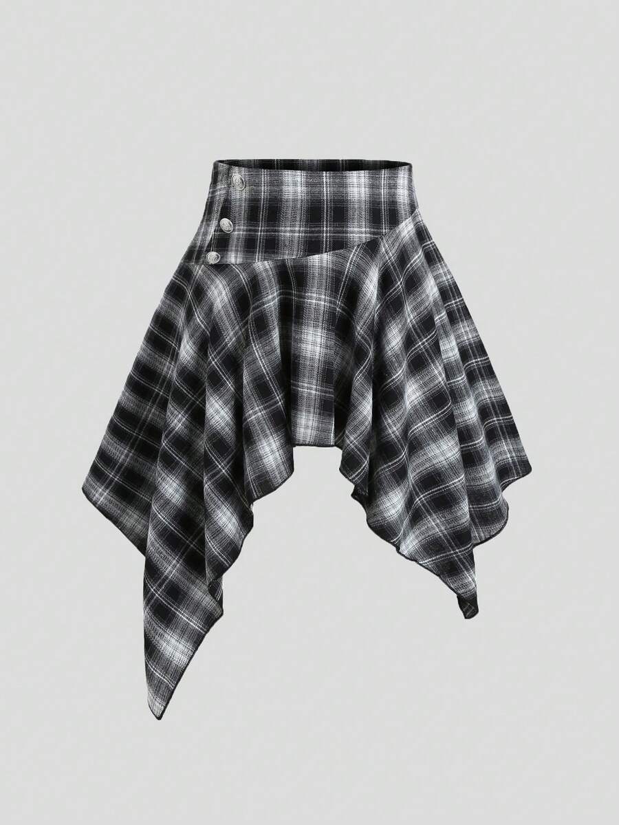 Sweetra Vintage Black And White Plaid Asymmetrical Design Women's Skirt - Black and White - View 1