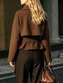 Balvessa Autumn/Winter Atmosphere Short Wool Lapel Jacket, Double-Breasted Waist-Cinching Tie Coat, Suitable For Daily Wear, Commuting, Office Outfit - Brown - View 2