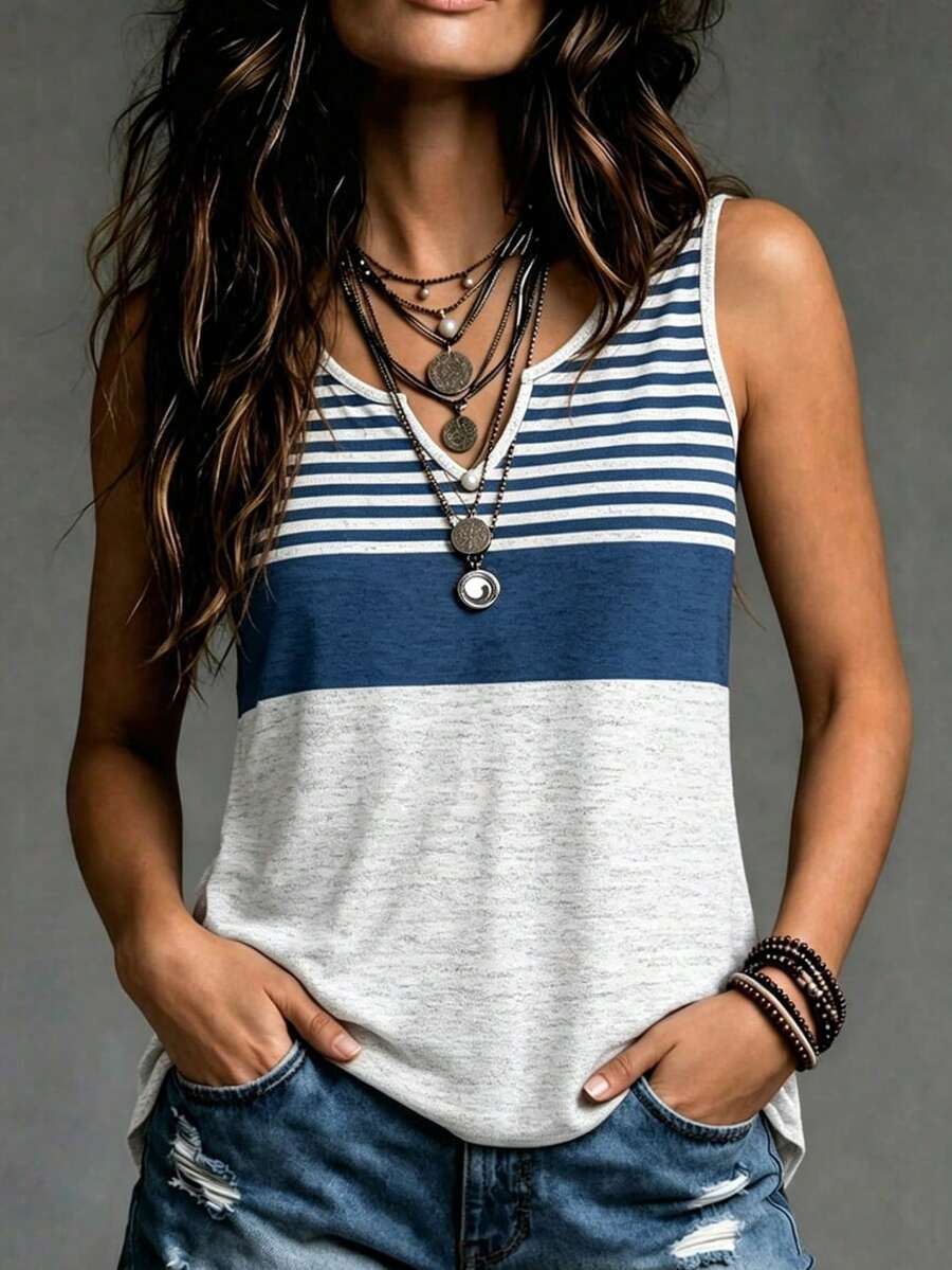 EMERY ROSE Women's Casual Knitted Striped Tank Top With Notched Neckline Regular Fit Sleeveless Design - White - View 1