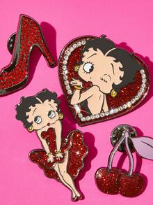 Betty Boop x SHEIN 4件組時尚可愛櫻桃卡通鋅合金胸針別針套組，包包吊飾，適合作為禮物、收藏品、紀念品 - 彩色 - 查看 3