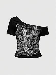 ROMWE Grunge Punk Dark Punk Cross & Vine Asymmetrical Shoulder Sexy Women's T-Shirt - Black - View 1