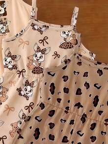 1pc Random, Baby Girl Summer New Soft Fabric Leopard Print Rabbit Pattern Printed Cami Round Neck Casual Romper, Casual Style Cute Style - Multicolor - View 3