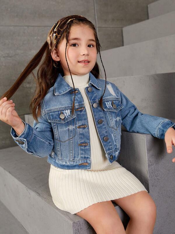 SHEIN Elladie kids Chaqueta vaquera corta desgastada básica vintage para chica joven para uso diario