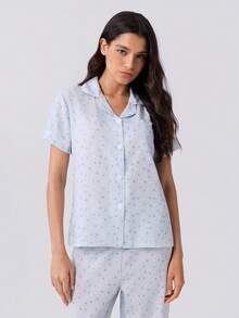 Loungeista Bubble Crinkle Little Star Print Short Sleeve Long Pants Pajama Set - Baby Blue - View 5