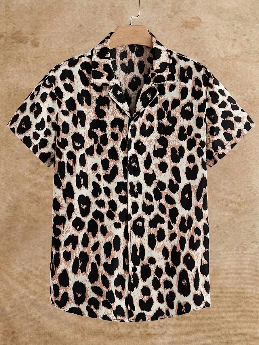 HIMLAND Men's Leopard Print Casual Versatile Daily Short Sleeve Shirt - Brown - View 1
