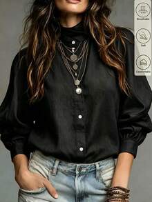 SHEIN Women's Solid Color Single-Breasted Casual Versatile Daily Wear Shirt - Black - View 7
