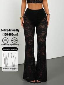 SHEIN PETITE 女款春季性感復古蕾絲內襯喇叭褲 喇叭緊身褲 小碼女款 - 黑色 - 查看 2