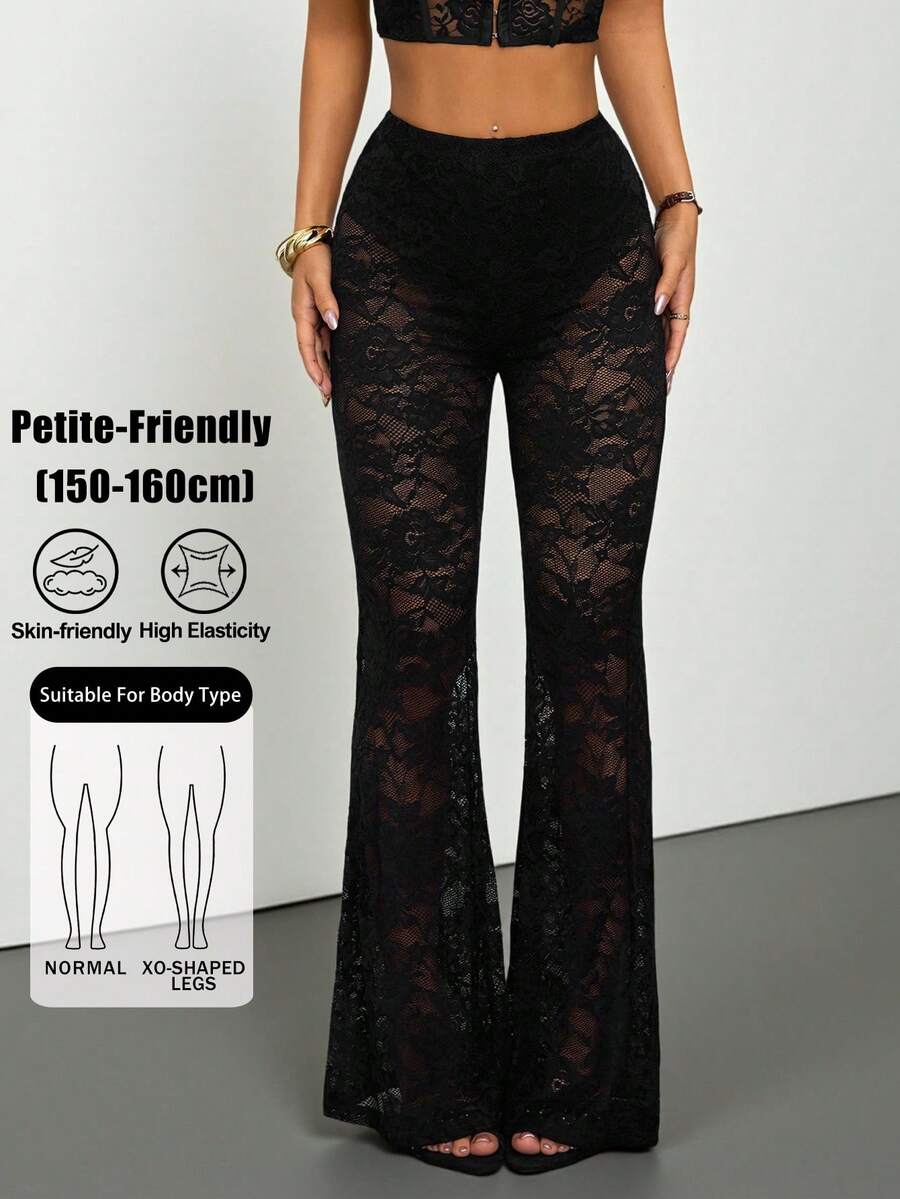SHEIN PETITE 女款春季性感復古蕾絲內襯喇叭褲 喇叭緊身褲 小碼女款