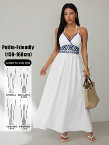 SHEIN PETITE 女款夏季刺繡拼接開衩洋裝，適合度假、海灘穿搭，小個女款度假洋裝 - 白色 - 查看 9