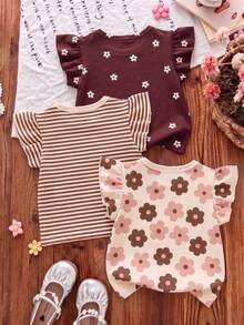 Souflis Souflis Kaos Lengan Pendek Leher Bulat Motif Bunga Ditsy Bohemian, Garis-garis Ungu Lembut, Pola Pita 3D, Kasual, Sederhana, Serbaguna untuk Anak Perempuan, 1 buah, Cocok untuk Musim Semi - Putih - View 2