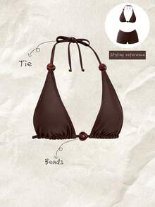 Elavelle Women's Solid Color Halter Bikini Top, Spring/Summer - Black - View 4