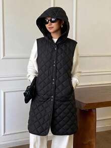 DAZY Solid Color Quilted Diamond Pattern Hooded Sleeveless Long Elegant Formal Autumn/Winter Women's Padded Coat - Black - View 7
