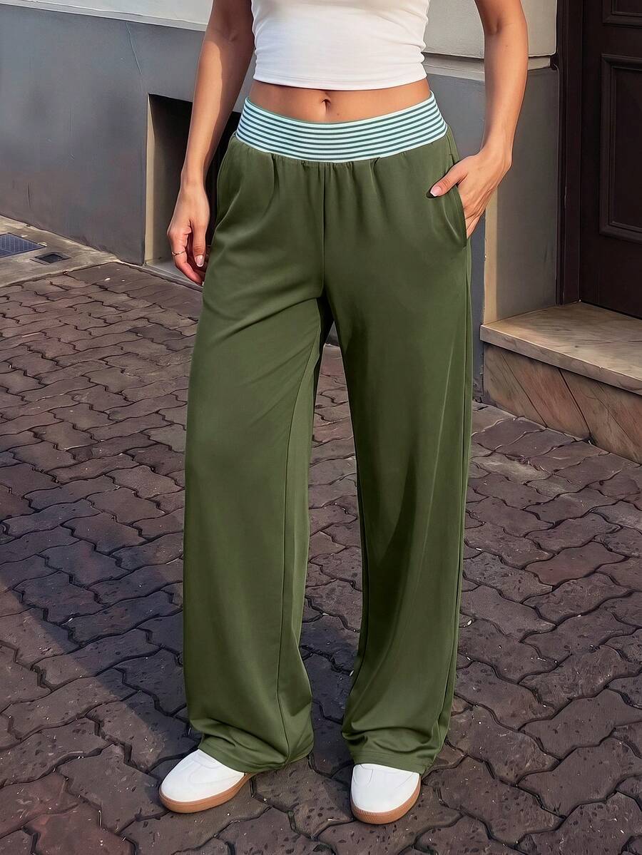 Pariaura Women's Waist Patchwork Olive Green Loose Straight Leg Sports Athleisure Modest Pants Formal Workout Summer - Green - View 1