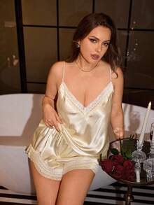 SilkySpell Multi-Layer Lace Trim Patchwork Faux Silk Camisole Top And Shorts Sexy Sleepwear Set - Beige - View 3
