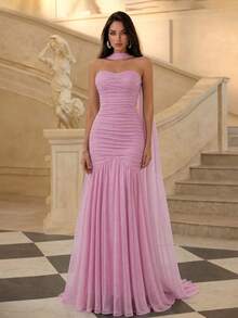 Firerie 優雅薰衣草色閃亮網紗抹胸晚禮服，百褶高腰修身魚尾裙擺派對禮服，婚禮賓客正式禮服秋季款 - 淡紫色 - 查看 4
