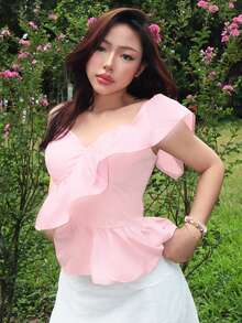 Kawaii ROMWE X Isabelle Nguyen 女款時尚 Y2K 不對稱領口荷葉邊飾上衣 - 淺粉色 - 查看 2