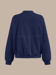 SHEIN BASICS Chaqueta holgada de punto de unicolor con cuello alto y manga larga para mujer en otoño/invierno - Azul Marino - Ver 7