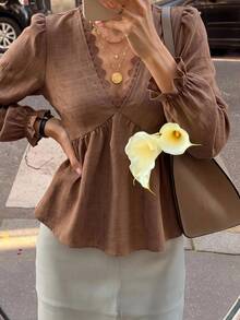 Serisse Women's Solid Color Contrast Lace V-Neck Long Sleeve Casual French Elegant Shirt Teachers' Day Office Brunch Coffee Brown Autumn - Brown - View 11