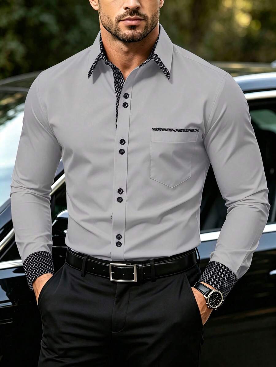 Manfinity Mode قميص رجالي بتصميم جيب أحادي الصدر كاجوال عصري بأكمام طويلة - رمادي فاتح - مشاهدة 1