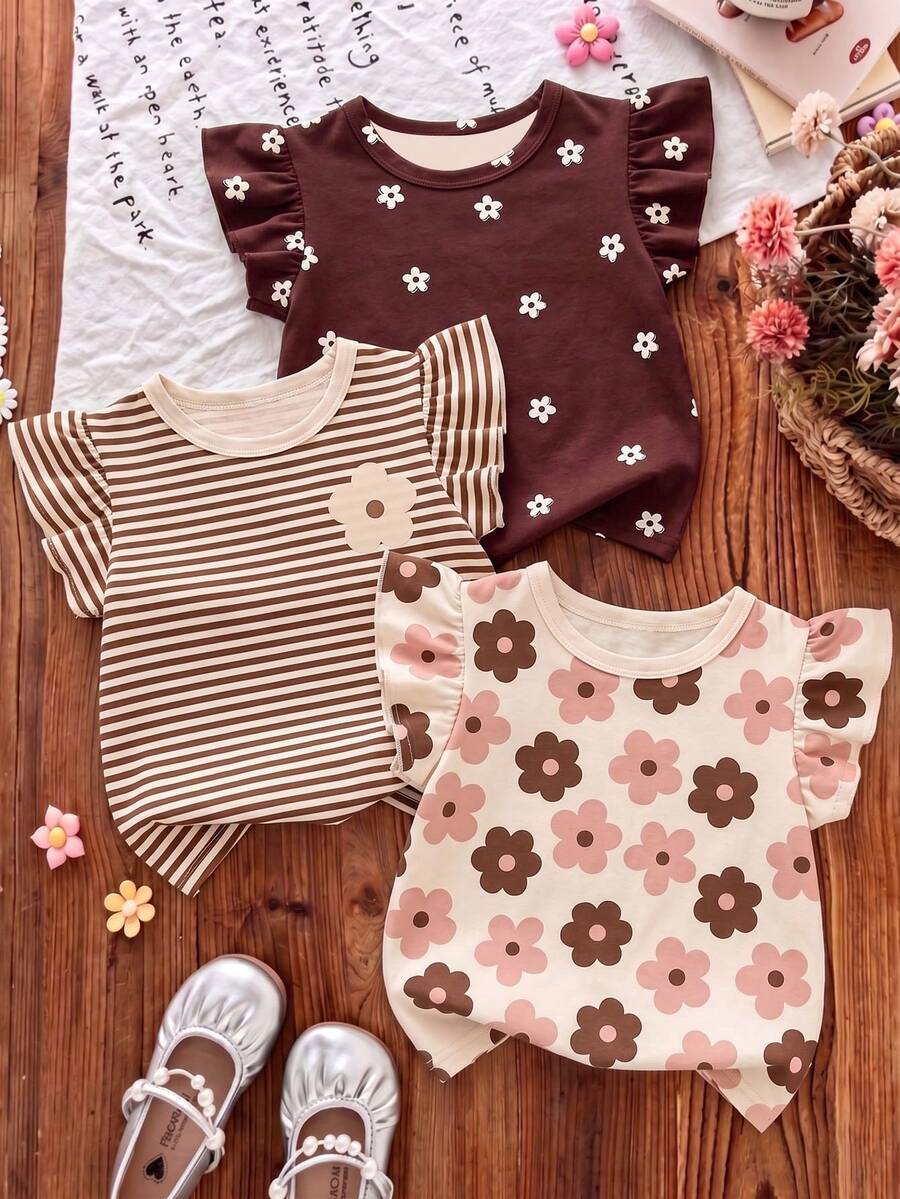 Souflis Souflis Kaos Lengan Pendek Leher Bulat Motif Bunga Ditsy Bohemian, Garis-garis Ungu Lembut, Pola Pita 3D, Kasual, Sederhana, Serbaguna untuk Anak Perempuan, 1 buah, Cocok untuk Musim Semi - Putih - View 1