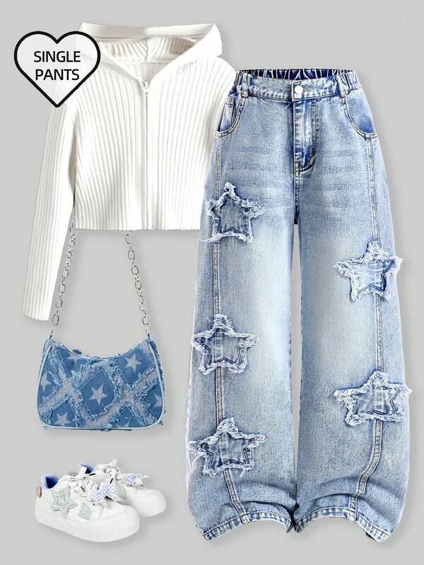 SHEIN Summer Jeans Girls' Y2K Decadent Punk Style Girl's Loose Star Patchwork Color Block Wide Leg Denim Pants, School, Streetwear