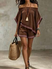 SHEIN Women's Vacation Style Off-Shoulder Linen Set, Summer Embroidery Loose Batwing Sleeve Top And Shorts Casual 2-Piece Outfit - Brown - View 1