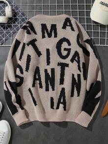 Manfinity CasualKnits 男士字母圖案長袖單排扣針織開襟衫 - 卡其色 - 查看 2