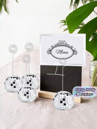 Disco Ball Table Number Holder Silver Spiral Metal Wire Photo Display Stand Glittering Shiny Card Clip For Christmas Wedding Party Centerpiece Event Decoration Supply