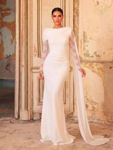 Aureia Elegant Classical Round Neck Multi-Style Combination Asymmetrical Shoulder Sheer Long Sleeve Chiffon Drape Waist Pleat Body-Flattering Bodycon Train - White - View 10