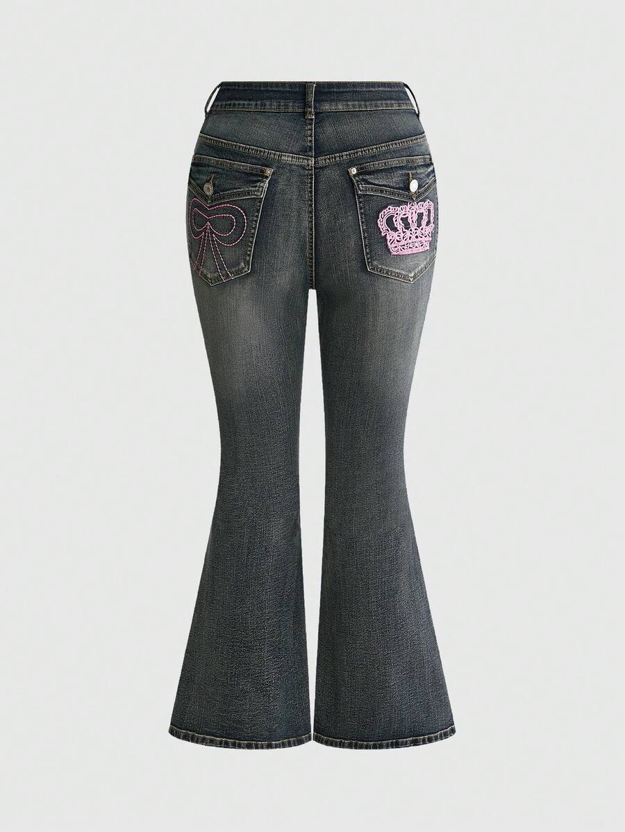 ROMWE Grunge Punk Celana Jeans Flare Ukuran Plus dengan Bordir Mahkota dan Pita ala Gadis Milenium Y2K - Biru - View 1