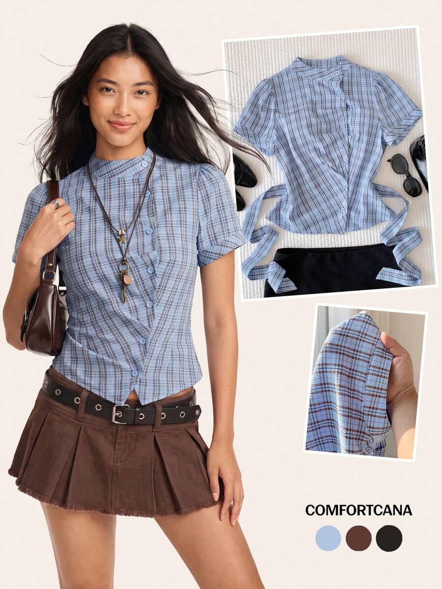 Comfortcana 春夏新款女款格紋寬鬆短袖收腰襯衫,適合音樂節/辣妹風/街頭風/復古/Y2K/日常穿搭/學院風 - 藍色 - 查看 1