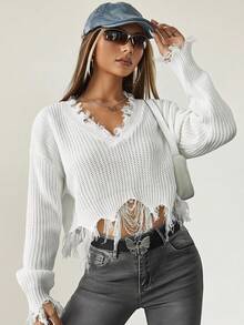 SHEIN ICON Spring vit crop-tröja med slitna kanter och drop shoulder för höst/vinter - Vitt - Visa 1
