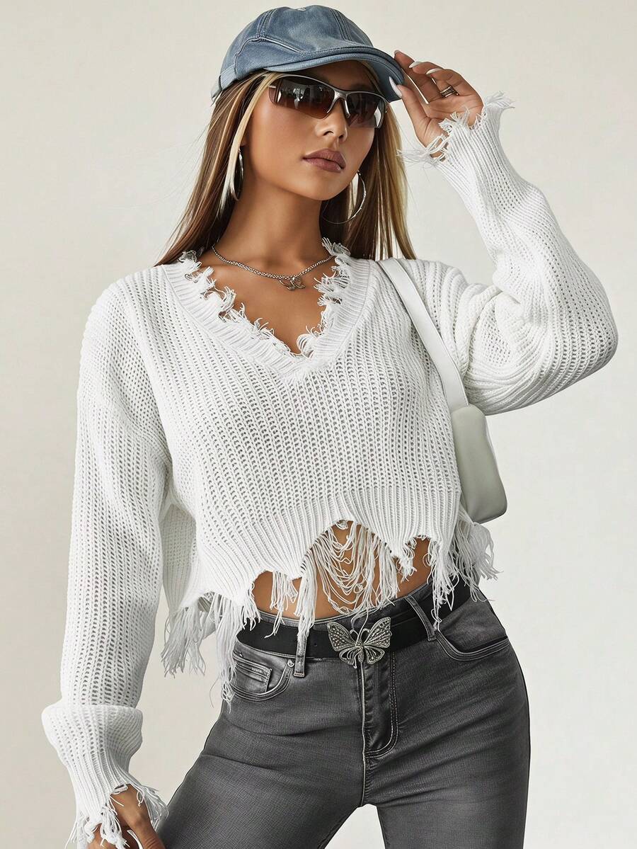 SHEIN ICON Spring vit crop-tröja med slitna kanter och drop shoulder för höst/vinter - Vitt - Visa 1