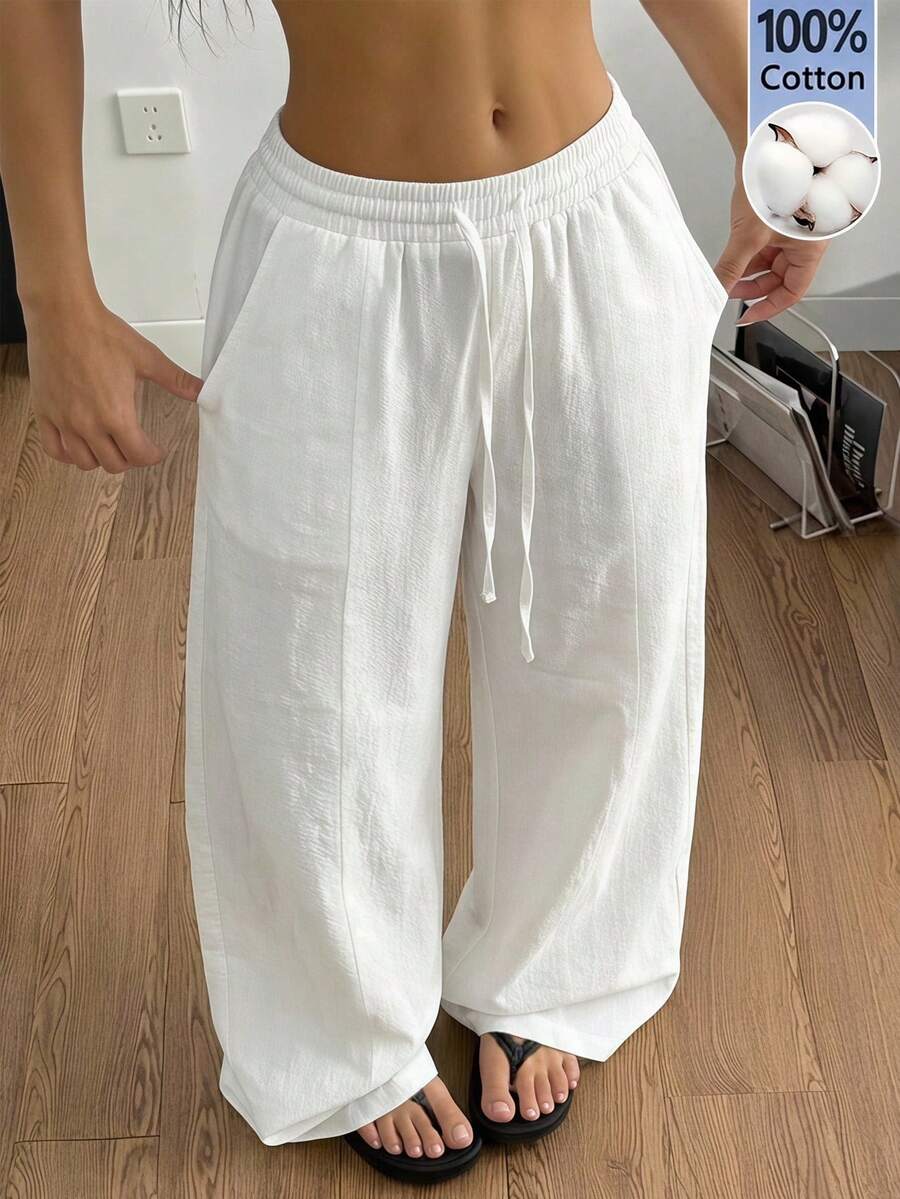 SHEIN 青少年女孩春夏海灘度假休閒日常百搭 100%純棉梭織舒適素色寬鬆長褲附口袋 白色 - 白色 - 查看 1