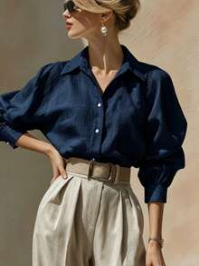 SHEIN Women's Solid Color Single-Breasted Casual Versatile Daily Wear Shirt - Navy Blue - View 1