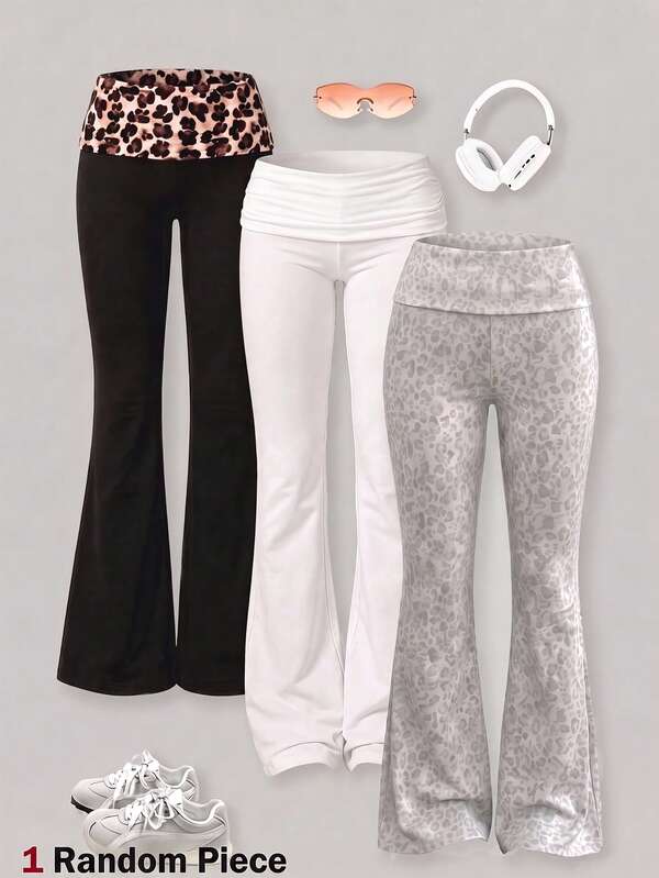 Teen Girls 1pc Sporty Casual Comfortable Fashion Long Pants, Personalized Waist Design, Slim Fit Flare Leg, Leopard Print, Y2K, Ruched, Gym Yoga