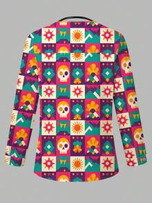 PopScrub Jaket Seragam Perawat Motif Tengkorak Blok Geometris Warna Pink, Kardigan Leher Bulat Mode Musim Semi/Gugur dengan Desain Tali Telinga, Atasan Seragam Perawat Wanita, Hari Orang Mati - MultiWarna - View 2