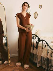 Côtesoire Set Piyama Wanita Gaya Prancis Minimalis dengan Hiasan Rumbai - Coklat - View 5