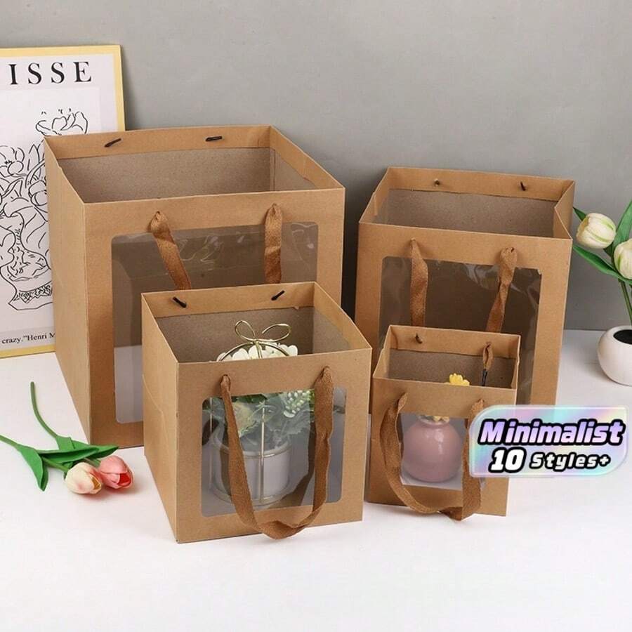 1pc/6pcs Set Square Clear Window Kraft Paper Bags, Daily Necessities Packaging Handheld Bags, Paper Flower Gift Bags With Ribbon Handles, Paper Shopping Bags, Suitable For Birthday, Wedding, Party,Valentine's Day, Easter - multicolor - View 1