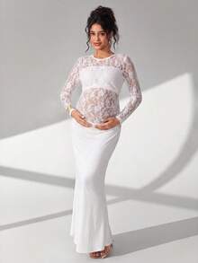 Cheriluna Maternity 純色蕾絲長袖長版孕婦洋裝，百褶魚尾下擺，適合攝影拍攝 - 白色 - 查看 7