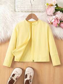 SHEIN 女童素色拉鍊休閒日常長袖外套 - 黃色 - 查看 8