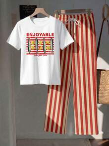 Comfortcana 2pcs Set Embroidered Round Neck Short Sleeve Top And Striped Print Pants, Casual - Multicolor - View 4