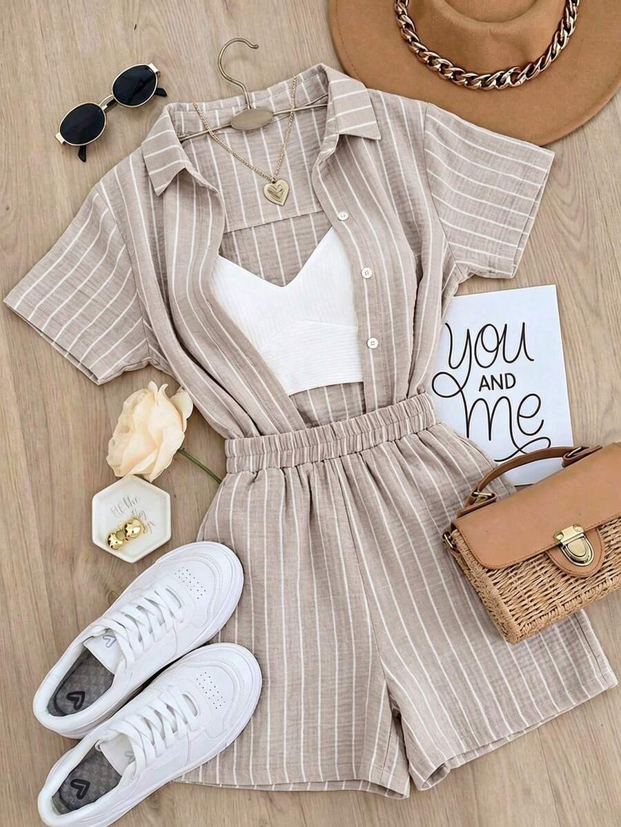 Franclia Women's Striped Short Sleeve Top And Shorts Casual Daily 2 Pieces Set - Khaki - View 1