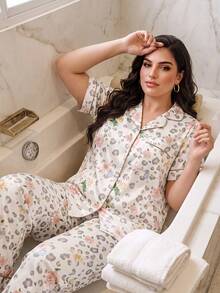 MuseNap CURVE Floral Faux Silk Open Front Shirt Style Plus Size Pajama Set Night White Summer - Multicolor - View 5