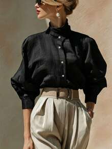 SHEIN Women's Solid Color Single-Breasted Casual Versatile Daily Wear Shirt - Black - View 4